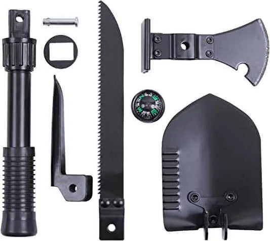 Multi Purpose Camp Tool W/Shovel, Saw, Pick, Hatchet, Hammer & Compass